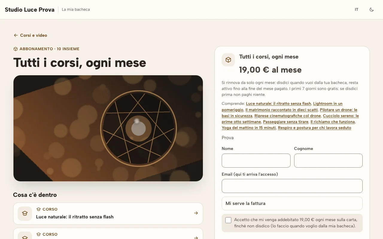 La pagina di un abbonamento: tutti i corsi a un prezzo al mese, con i giorni di prova gratuita.