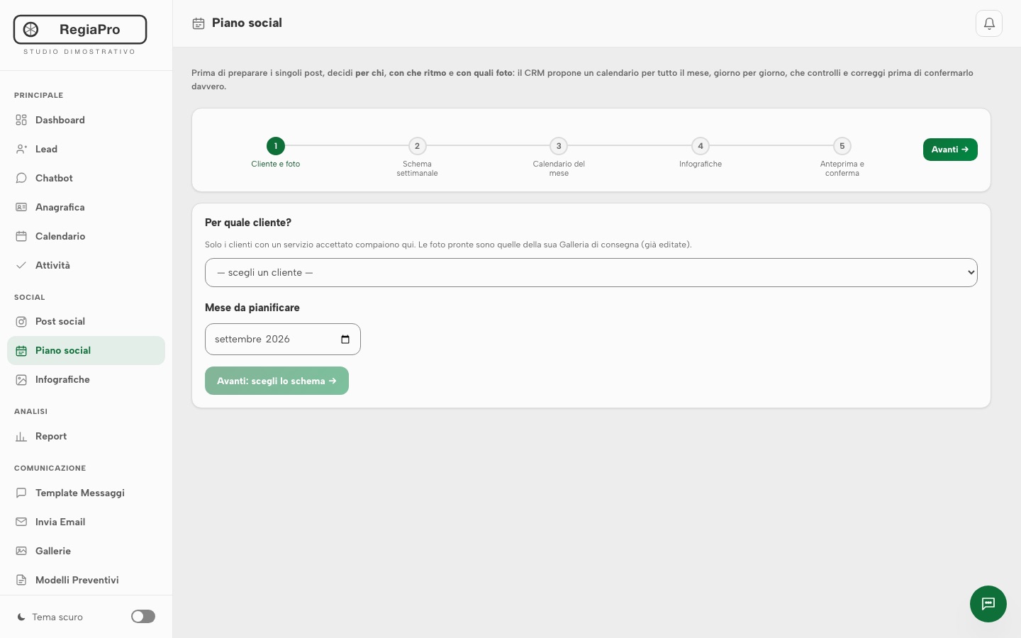 Il piano social: i cinque passi, dalla scelta del cliente alla conferma del mese.